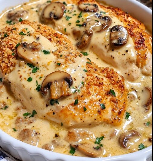 Easy Creamy Mushroom Parmesan Chicken Bake