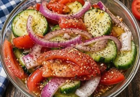 Marinated Cucumbers, Onions & Tomatoes Ingredients: